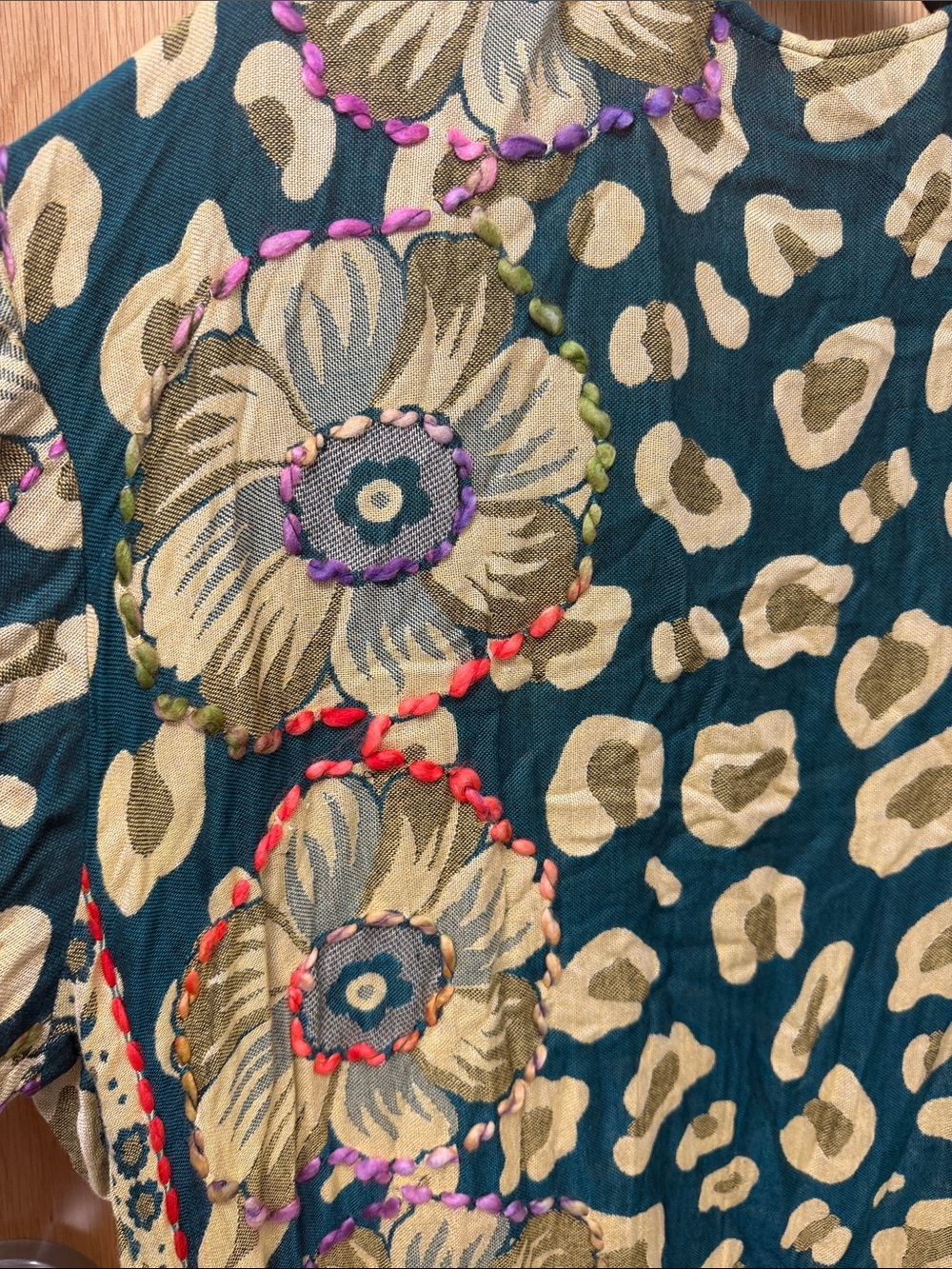 Raj Teal and Beige Abstract Floral and Leopard Print Bohemian Kimono Duster - Picture 5 of 9
